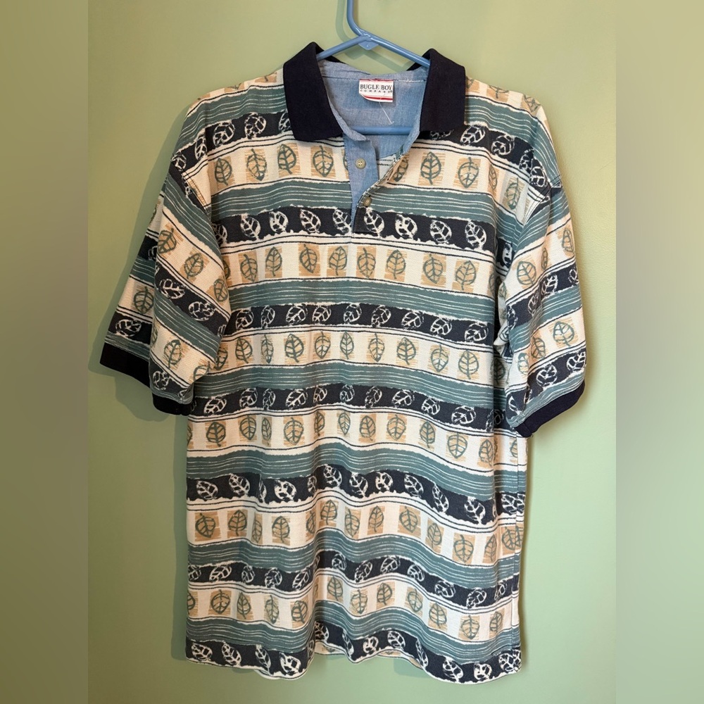 Vintage Bugle Boy Co Botanical Polo Shirt Multi Colored Blue Leaves Boho L XL